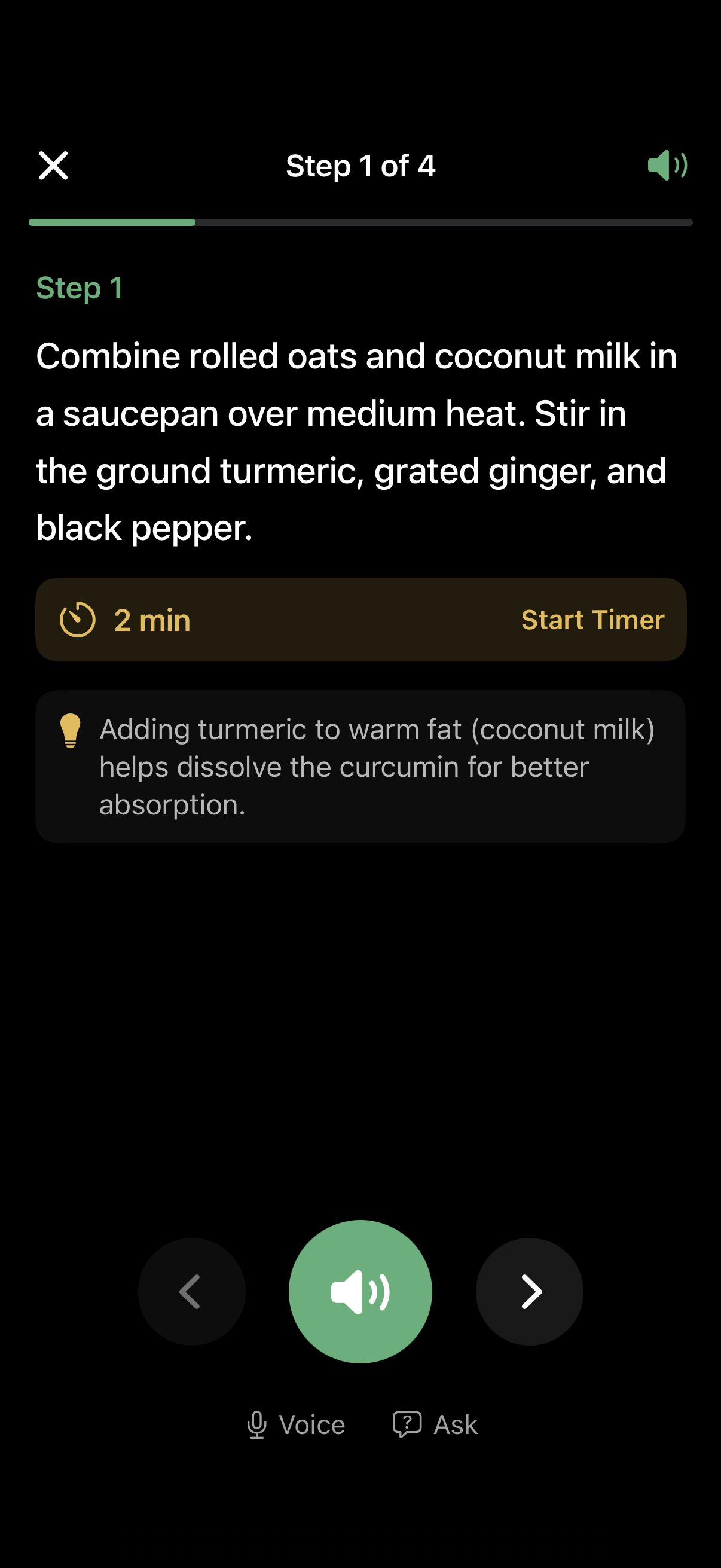Hands-free cooking session showing the current step, timer, and voice controls in dark mode