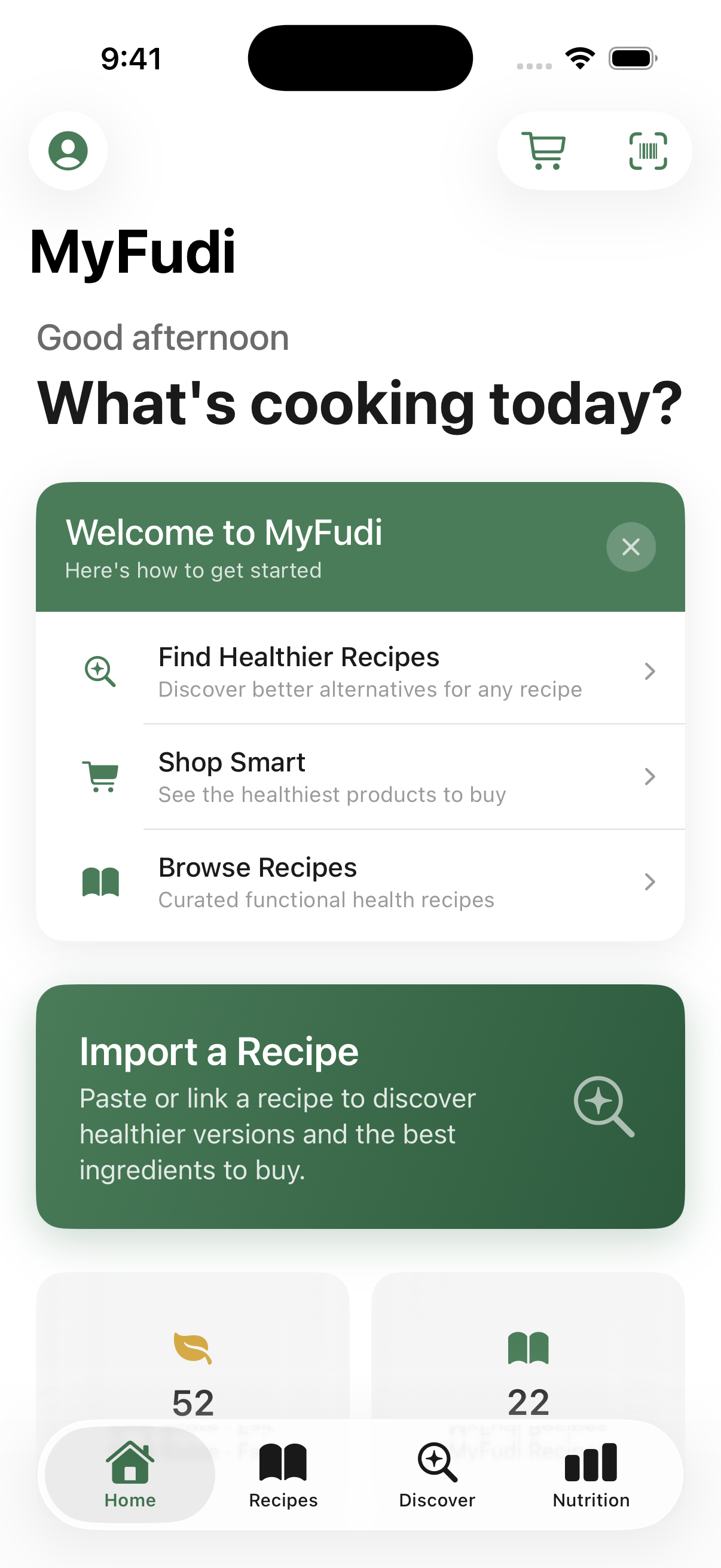 MyFudi home screen on iPhone showing today's healthier recipes and quick actions
