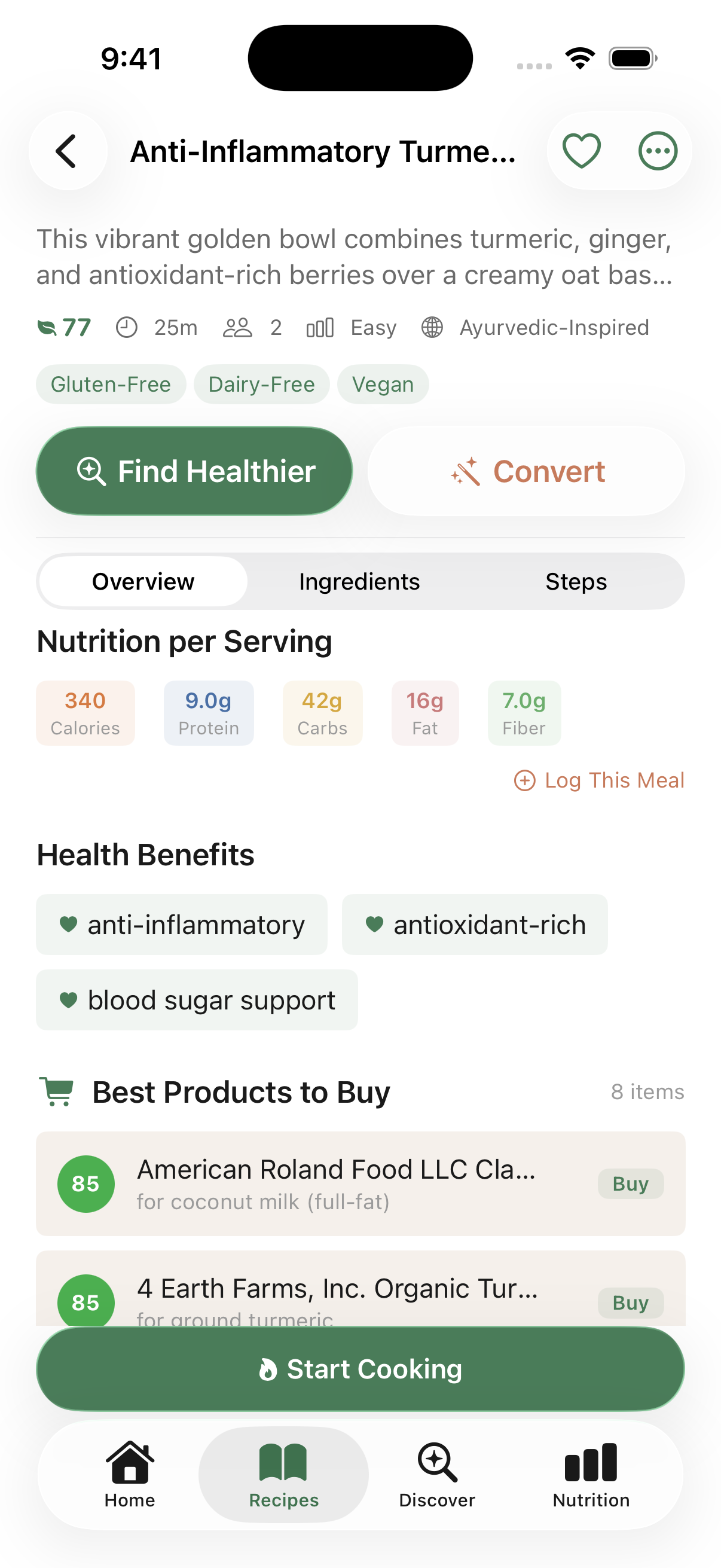 Recipe detail with Fudi Score, ingredients, health benefits, and best products to buy