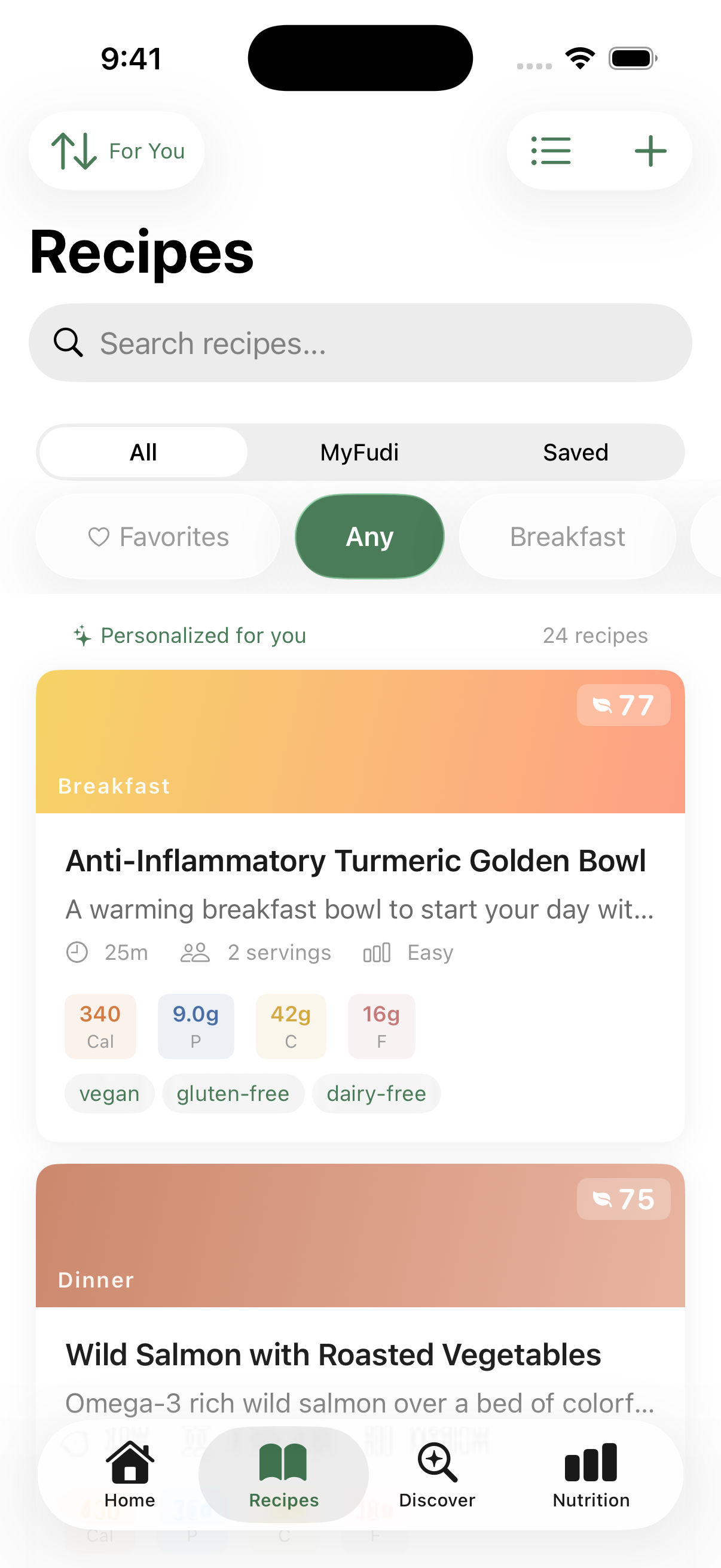 Recipes browser with category cards and dietary filters